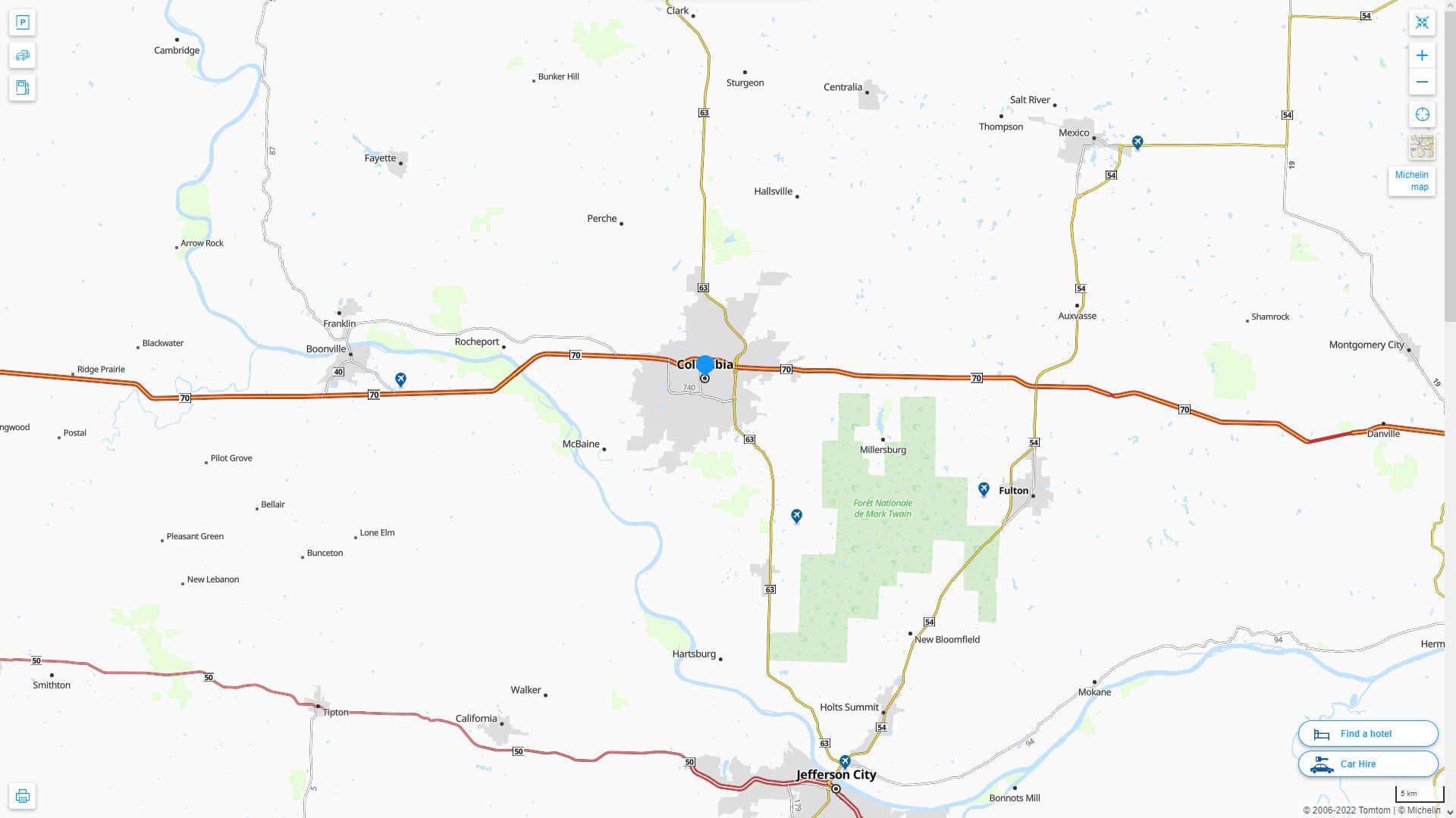 Columbia Missouri Highway and Road Map
